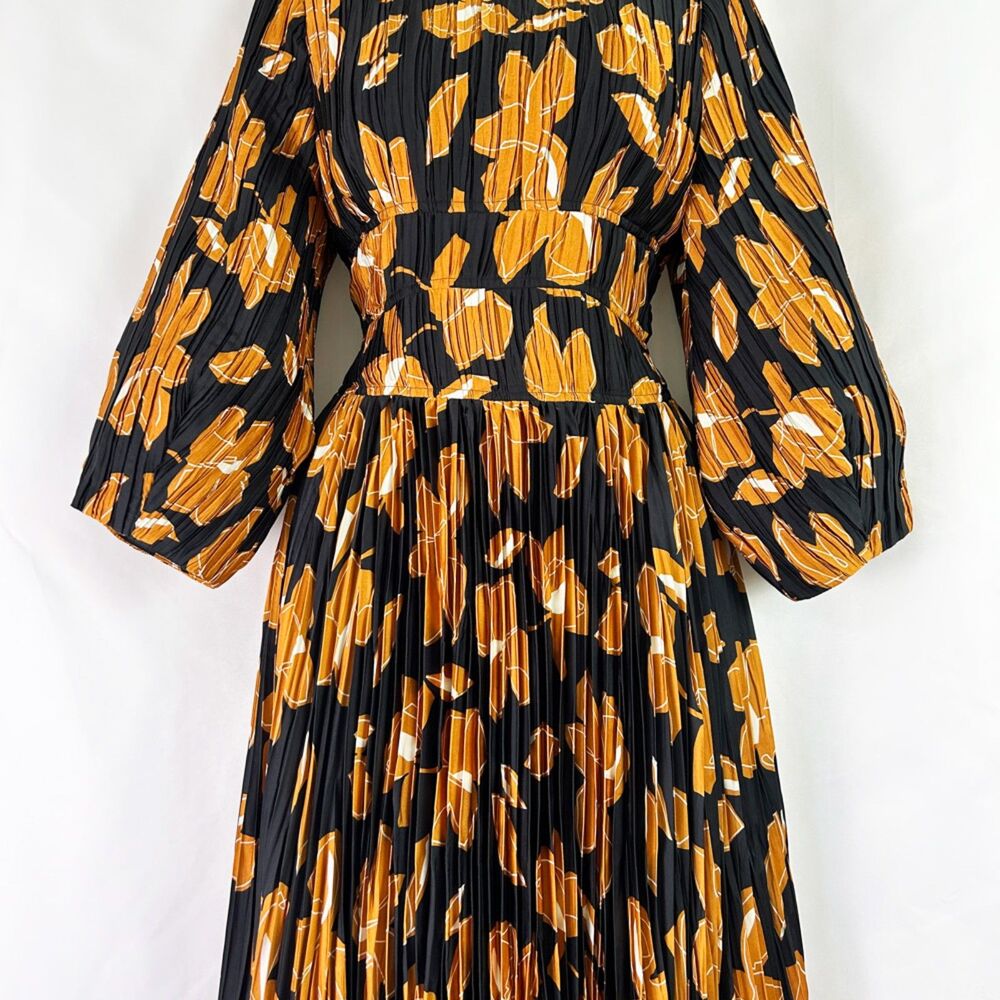 SIMKHAI Black & Gold Floral Ames Midi Dress (8) Pleated Plissé-Satin - Picture 6 of 16